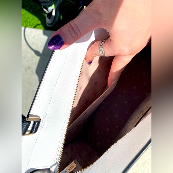 Kate Spade Silver Logo Leather Beige Black & White Tote Crossbody Satchel - Picture 8 of 16